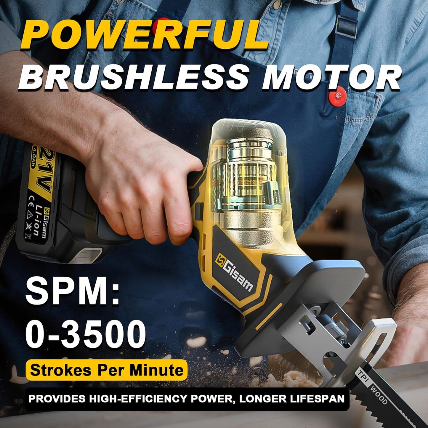 Cordless Reciprocating Saw -2x4.0Ah Batteries, Brushless Motor, 3500SPM Max, One-Hand Operation, Tool-Free Blade Change, for DIY & Home Users