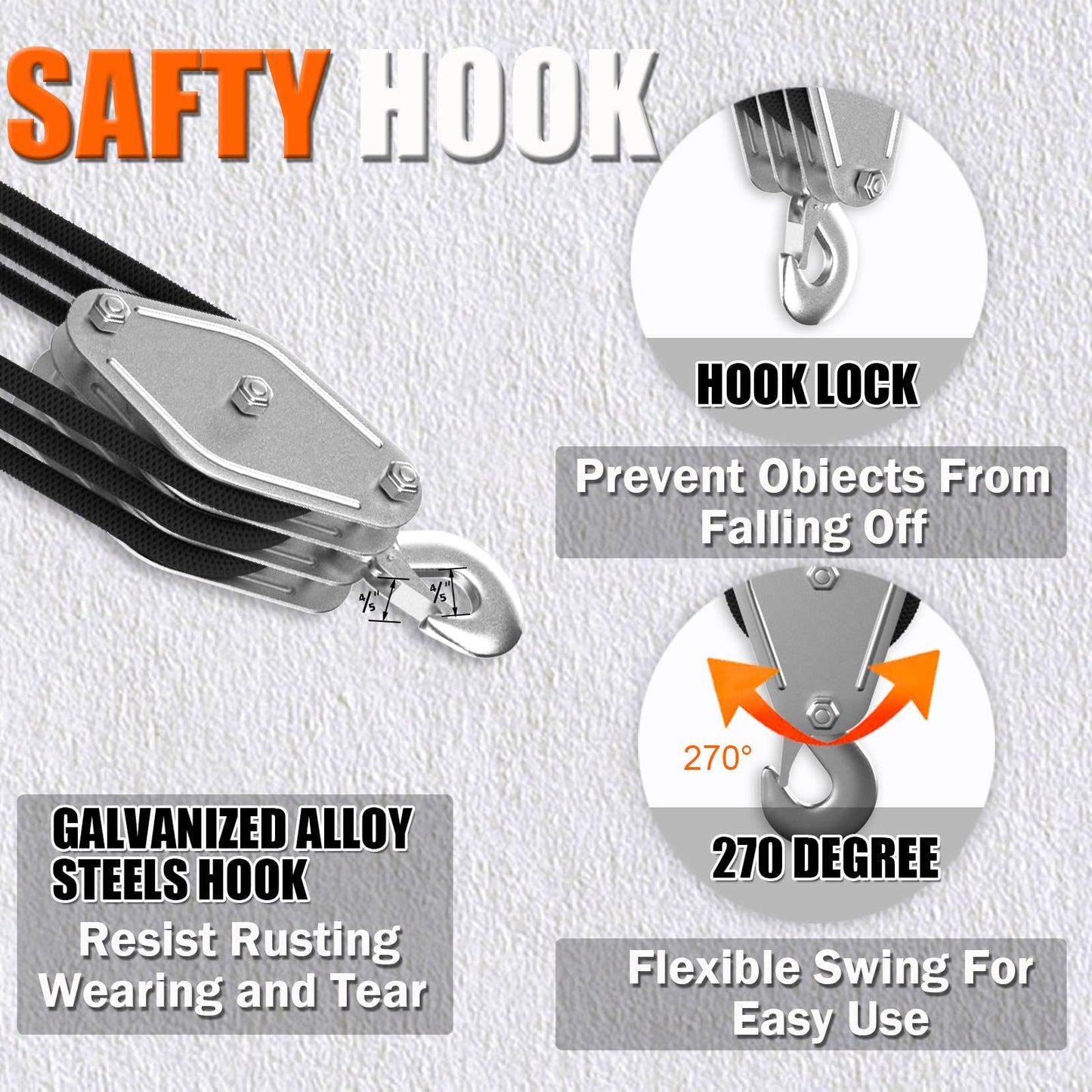 Rope Hoist Pulley System, 4400LB Pulley Block and Tackle, 8:1 Ratio Lifting Power 65ft, Heavy Duty Pulley Block for Lifting Pulling (with 2PCs Straps)