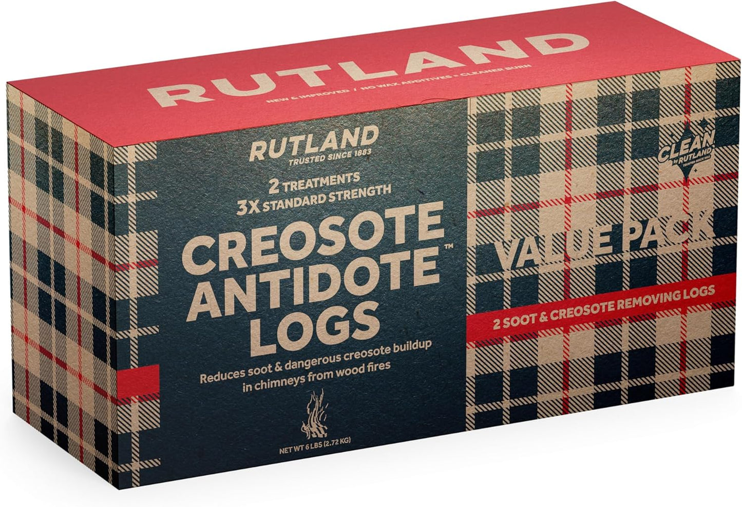 Rutland Creosote Antidote™, 3X Cleaning Power, Chimney Cleaning Fire Logs, 2-Pack Creosote Sweeping Firelogs, 2.45 lbs Each Treatment, Made in USA