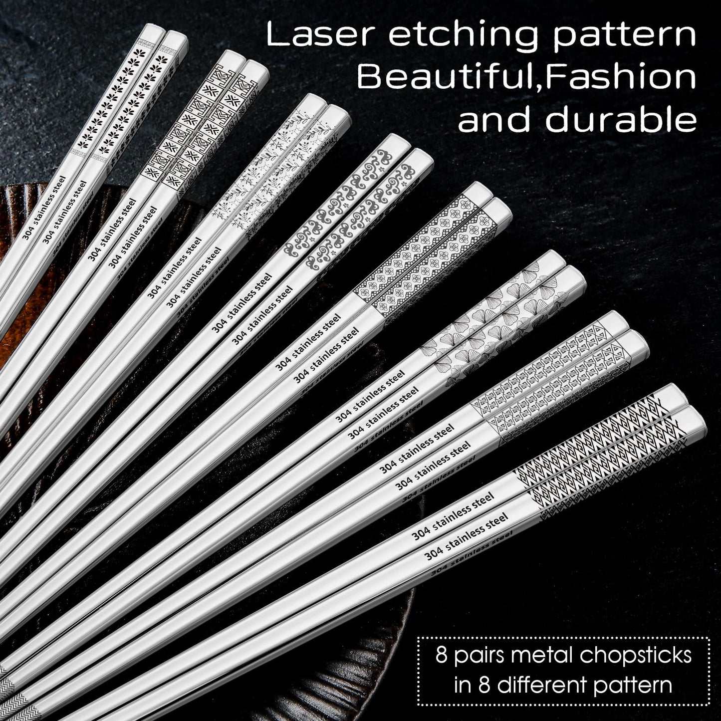 8 Pairs Metal Chopsticks Reusable Black Stainless Steel Chopsticks Set Laser Engraved Non-slip Japanese Korean Chinese Chopstick for Cooking Eating Dishwasher Safe 9.25" Chop Sticks Gift Set