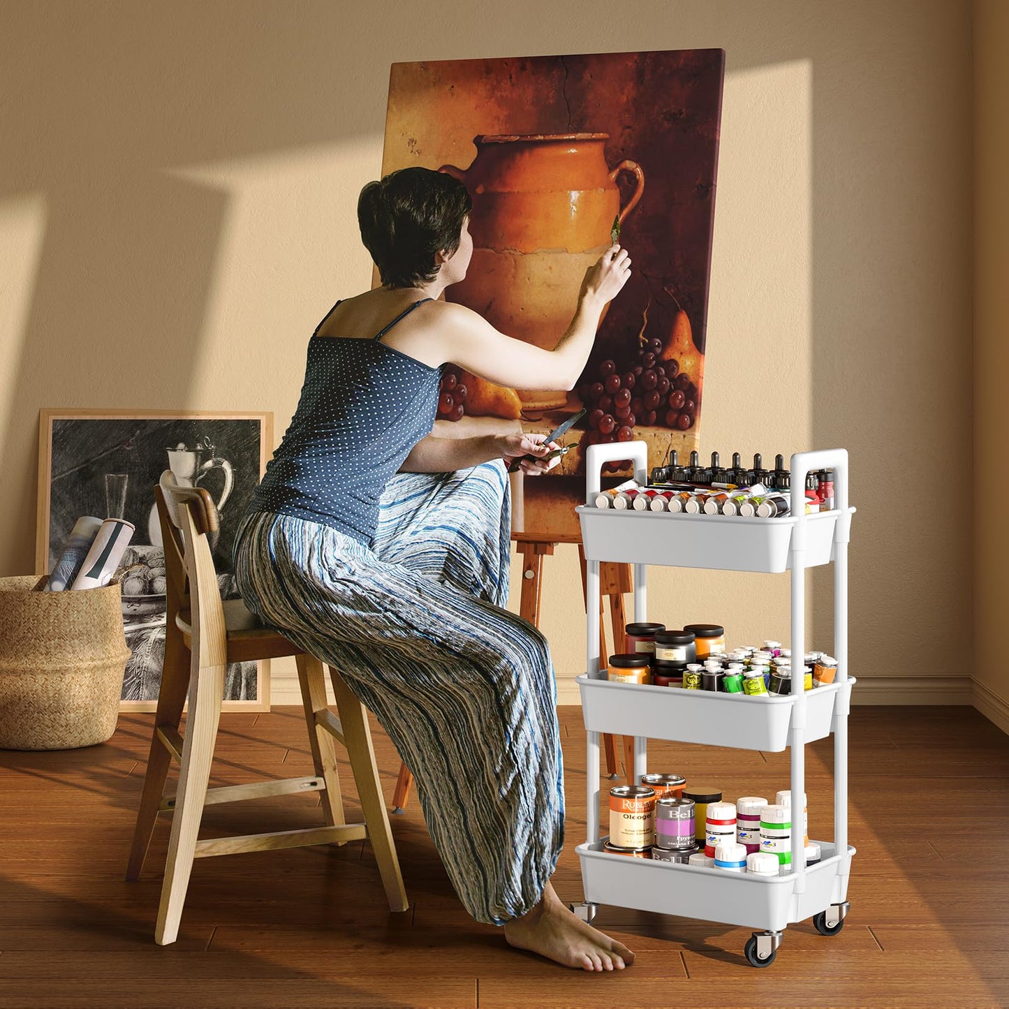 Pipishell 3 Tier Rolling Cart Organizer, Plastic Rolling Cart with Lockable Wheels & Reinforced Handle, Lightweight Utility Cart Storage Cart for Nursery, Kitchen, Bathroom, Craft Room, White, PIUC14W