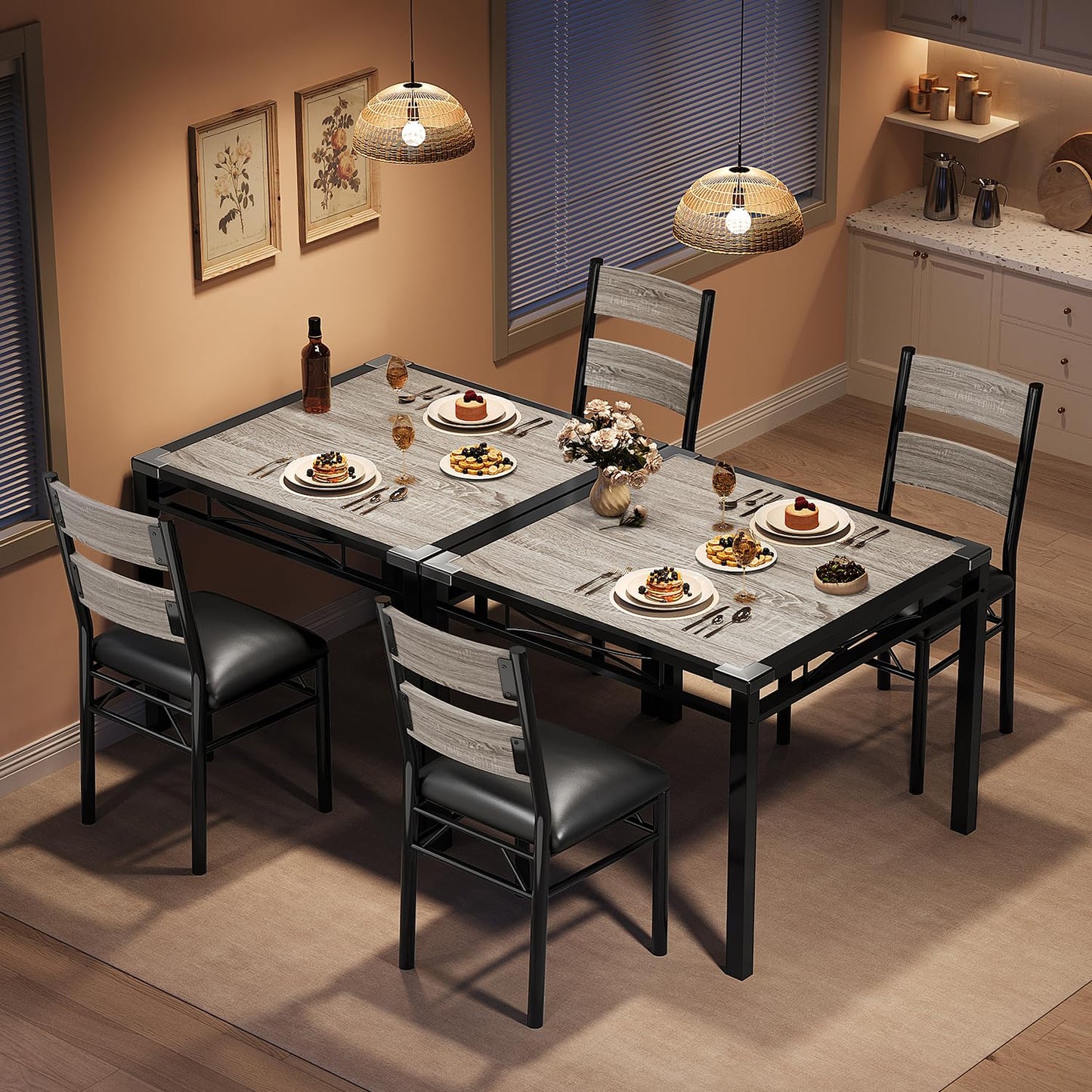 IDEALHOUSE Dining Table Set for 2, Kitchen Table with 2 Upholstered Chairs, Wood 3-Piece Kitchen Dining Room Set with Corner Protector for Small Space, Kitchen Room, Apartment, Rustic Gray