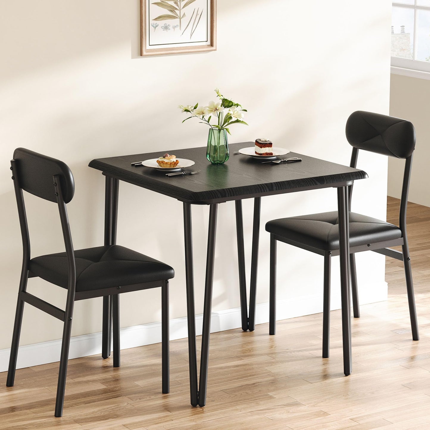IDEALHOUSE Dining Table for 2-Small Square Kitchen Dining Dinner Room Tables Set,Space Saving Wood Modern Dinette Accent Furniture for Breakfast Nook, (Dark, Table with 2 Upholstered Chairs)