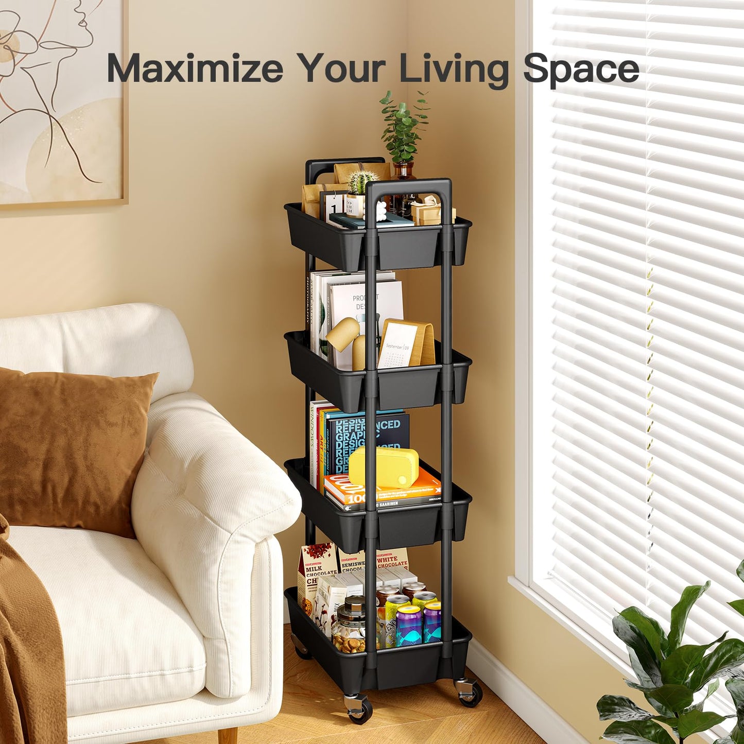 Pipishell 3 Tier Rolling Cart Organizer, Plastic Rolling Cart with Lockable Wheels & Reinforced Handle, Lightweight Utility Cart Storage Cart for Nursery, Kitchen, Bathroom, Craft Room, White, PIUC14W