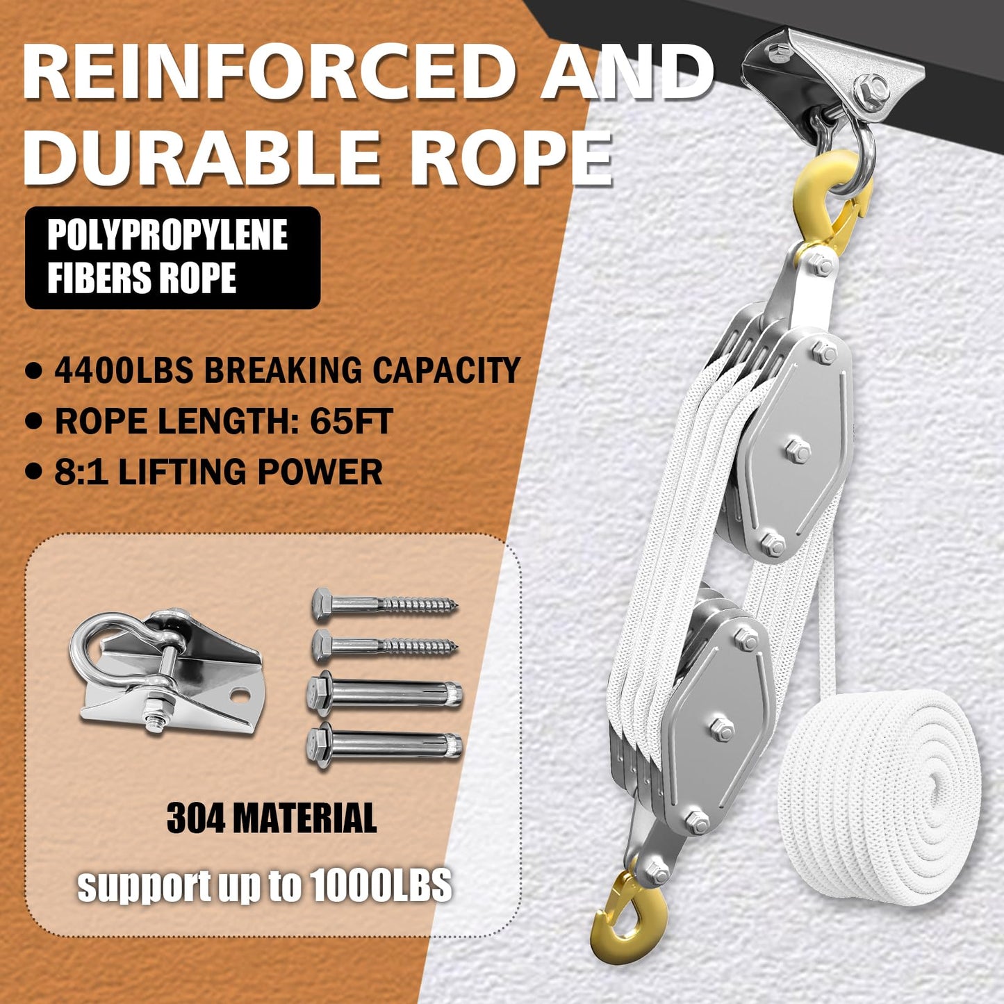 Rope Hoist Pulley System, 4400LB Pulley Block and Tackle, 8:1 Ratio Lifting Power 65ft, Heavy Duty Pulley Block for Lifting Pulling (with 2PCs Straps)