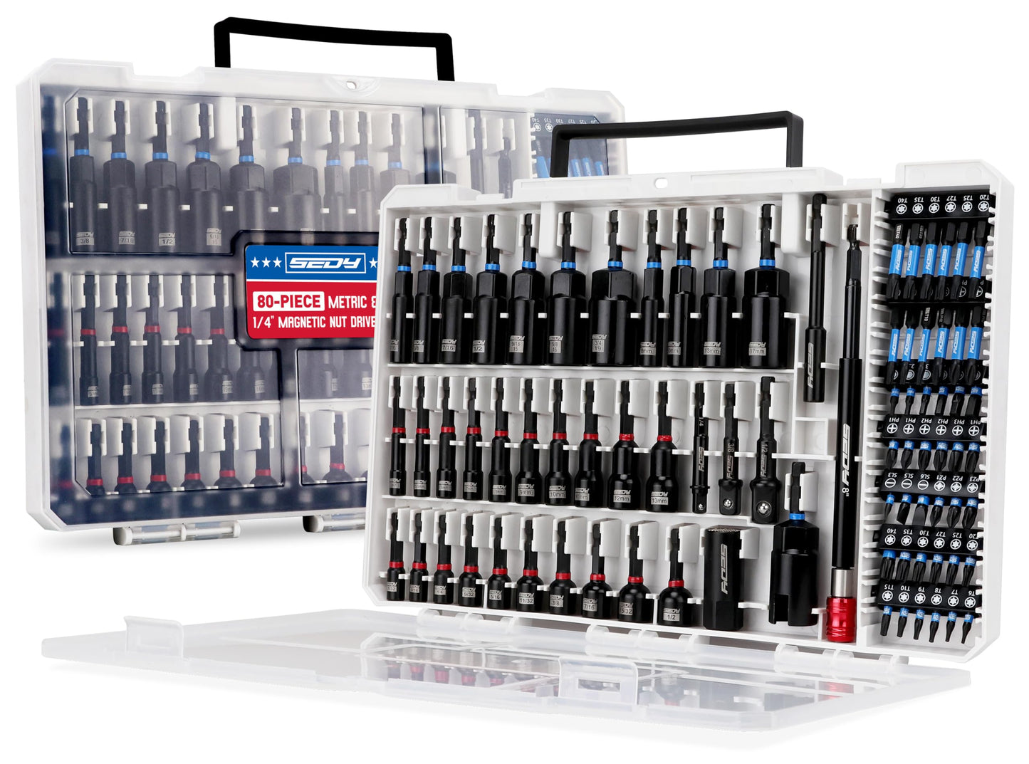 41-Piece Premium 1/4" Drive Magnetic Impact Nut Driver Set Metric & SAE Standard & Deep with Socket Adapters, 2-in-1 Ratchet Wrench, Wing Nut Driver, Universal Sockets, Quick Release Bit Holder