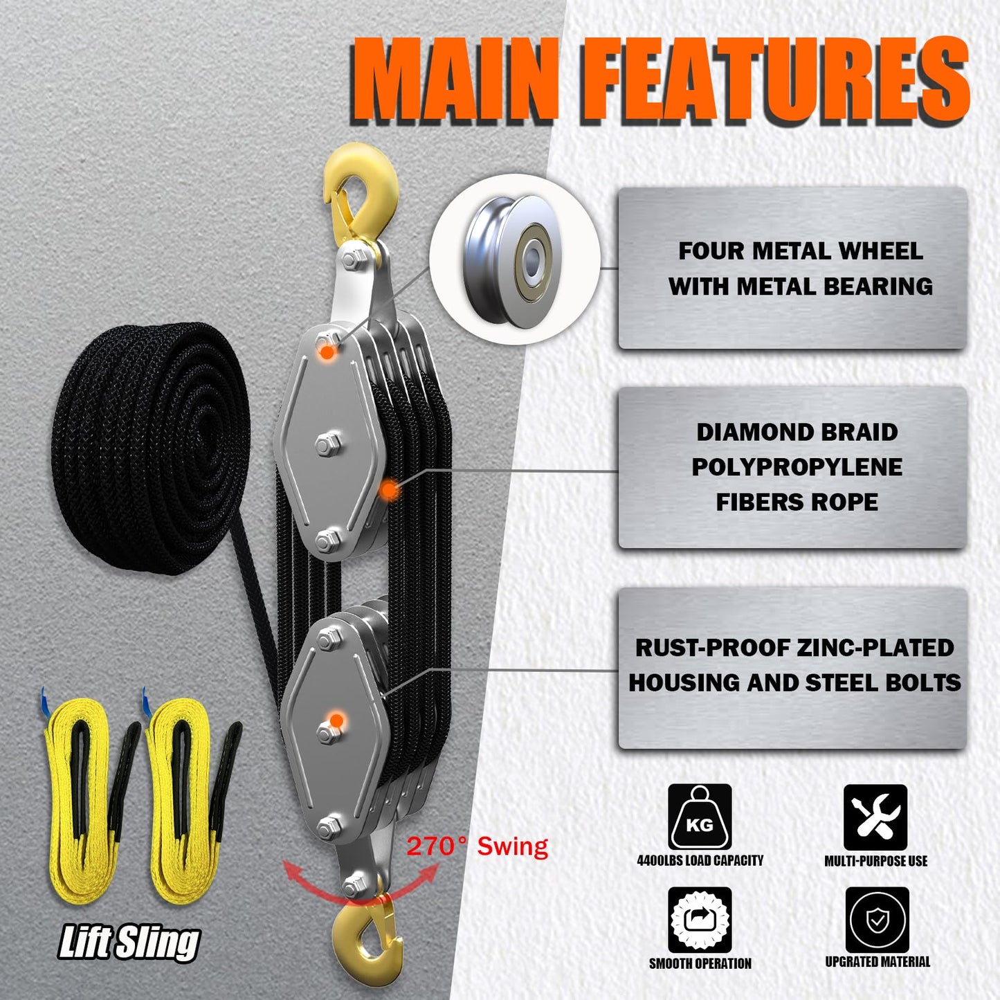 Rope Hoist Pulley System, 4400LB Pulley Block and Tackle, 8:1 Ratio Lifting Power 65ft, Heavy Duty Pulley Block for Lifting Pulling (with 2PCs Straps)