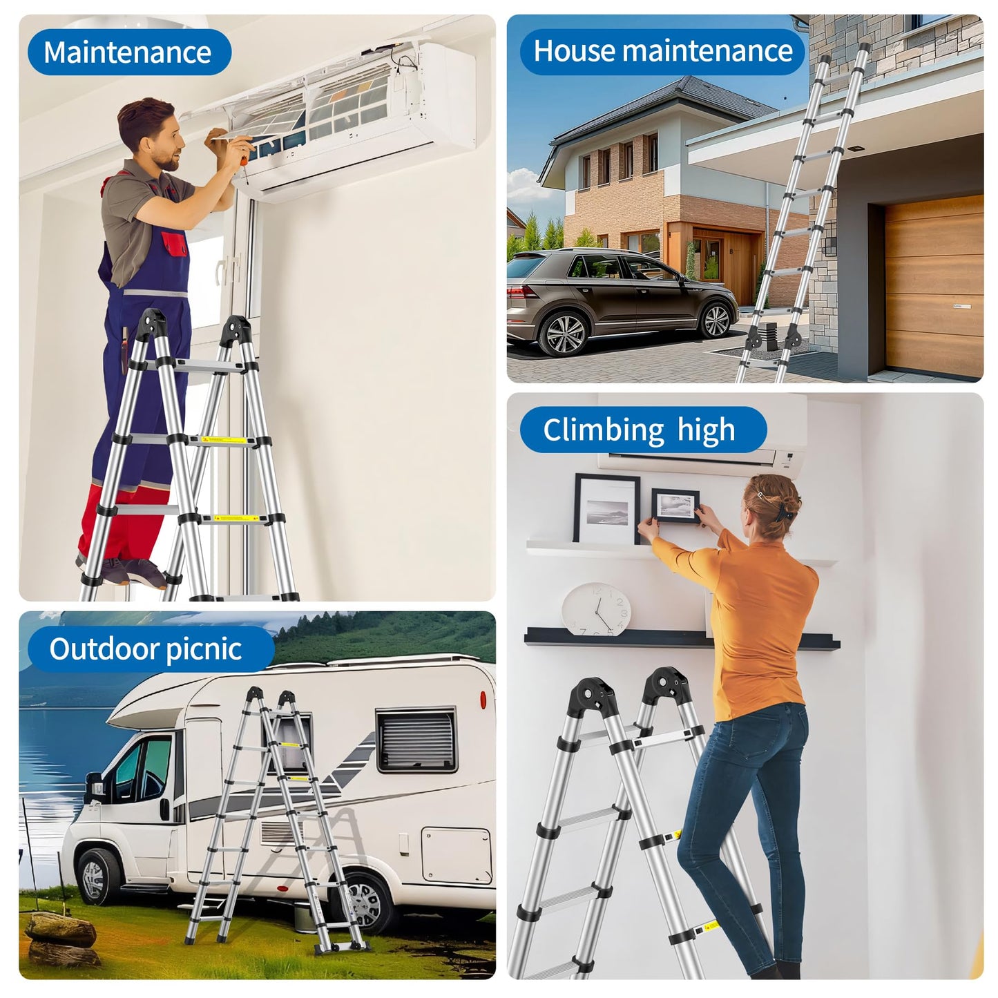 Telescoping Ladder,12.5 FT Extension Ladder, Heavy Duty 330lbs Max Capacity, Multi-Purpose Collapsible Ladder for RV or Outdoor Work