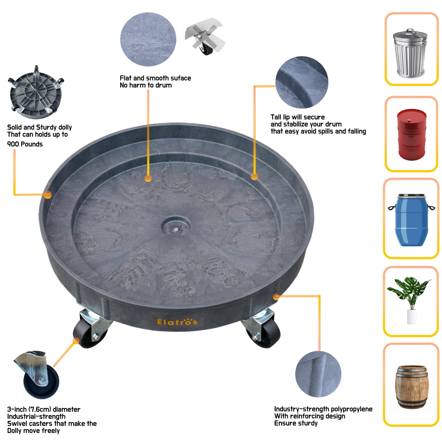 ELAFROS 30 Gallon and 55 Gallon Heavy Duty Plastic Drum Dolly – Durable Plastic Drum Cart 900 lb. Capacity- Barrel Dolly with 5 Swivel Casters Wheel,Blue