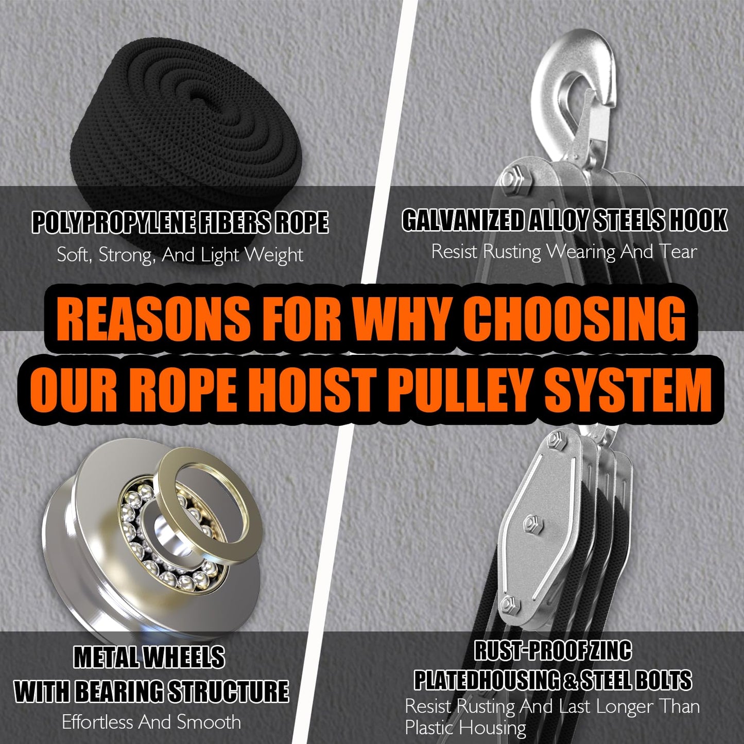 Rope Hoist Pulley System, 4400LB Pulley Block and Tackle, 8:1 Ratio Lifting Power 65ft, Heavy Duty Pulley Block for Lifting Pulling (with 2PCs Straps)