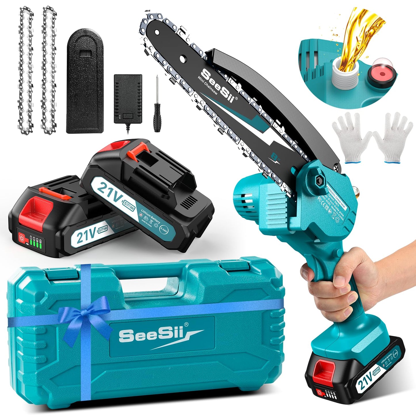 Seesii Mini Chainsaw, 6-inch Mini Chainsaw Cordless, Handheld Electric Power Chain Saw with 2 Batteries, for Tree Trimming Wood Cutting, Best Gifts for Father, Dad, Husband, Men