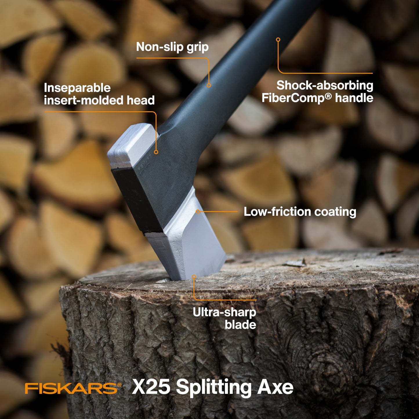 Fiskars X27 Super Splitting Axe - 36" Wood Splitting Axe for Medium to Large Size Logs with Shock-Absorbing Handle - Split Firewood - Forged Steel Blade - Bushcraft Gear and Camping Axe
