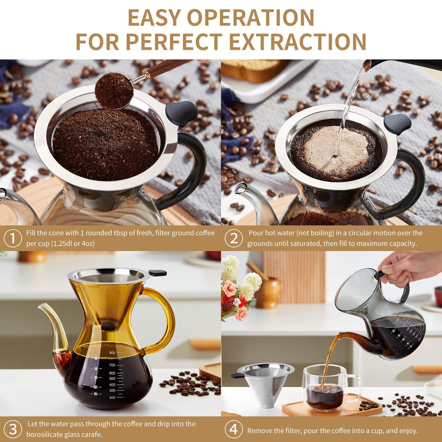 Unbreakable - Pour Over Coffee Maker with Double Stainless Filter 34 fl oz, Thickened Heat-Resistant Borosilicate Glass Pour Over Coffee Dripper, Stovetop Safe