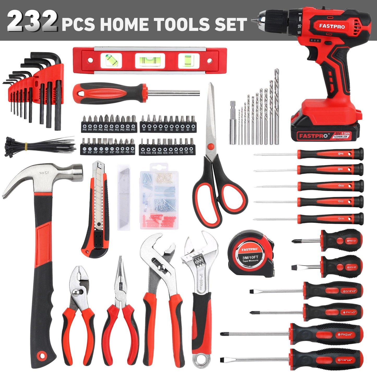 FASTPRO 232-Piece 20V Cordless Lithium-Ion Drill Driver & Home Tool Set, Household Repairing Tool Kit with Drill, 12-Inch Wide Mouth Storage Tool Bag, Green