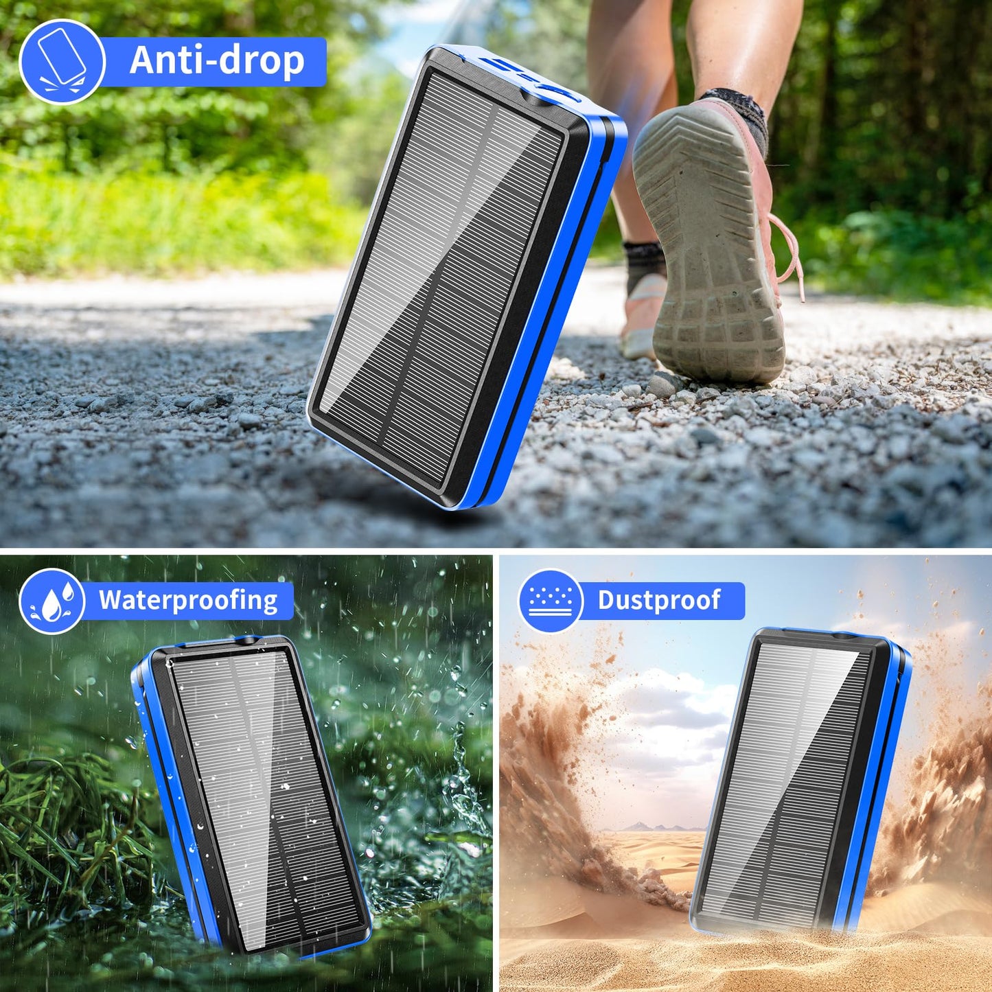 Portable Charger Solar Power Bank 52800mAh 5V/3A Fast Charging Battery Pack with Built in 4 Cables 2 Outputs & LED Flashlight for Cell Phone Camping and Hiking
