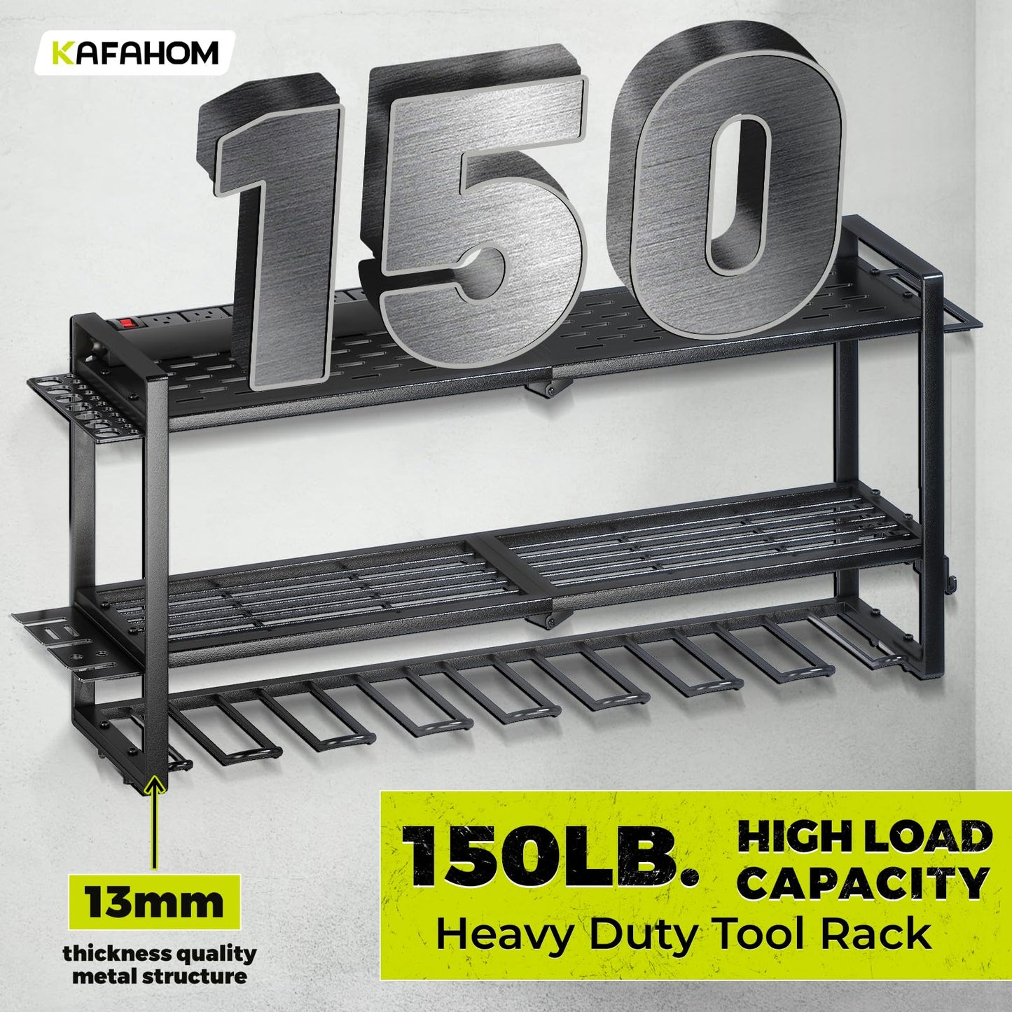 KAFAHOM Power Tool Organizer with Charging Station.Garage 8 Drill Holder Built in 8 Outlets Power Strip,Tool Storage Shelf Wall Mount,Tool Battery Organizer with Screwdriver/Hammer/Air Tool Rack