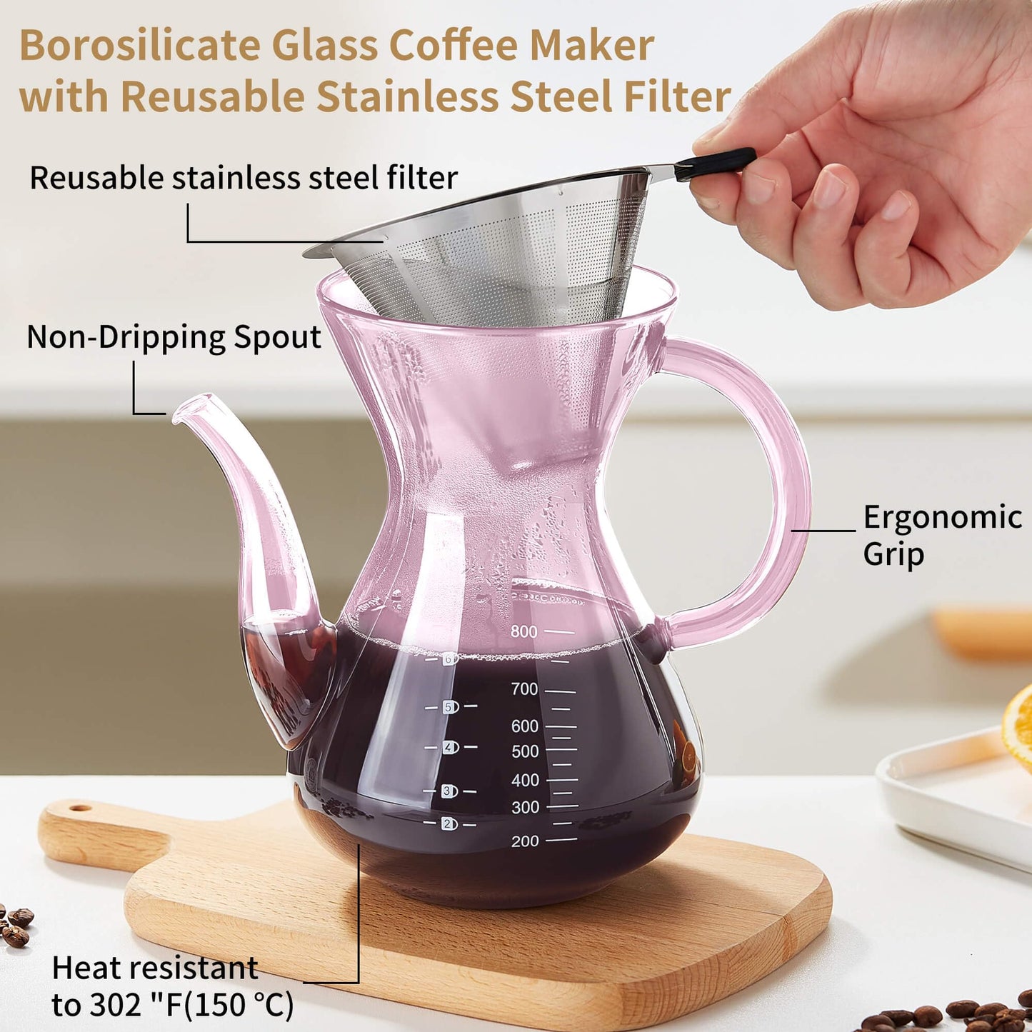 Unbreakable - Pour Over Coffee Maker with Double Stainless Filter 34 fl oz, Thickened Heat-Resistant Borosilicate Glass Pour Over Coffee Dripper, Stovetop Safe