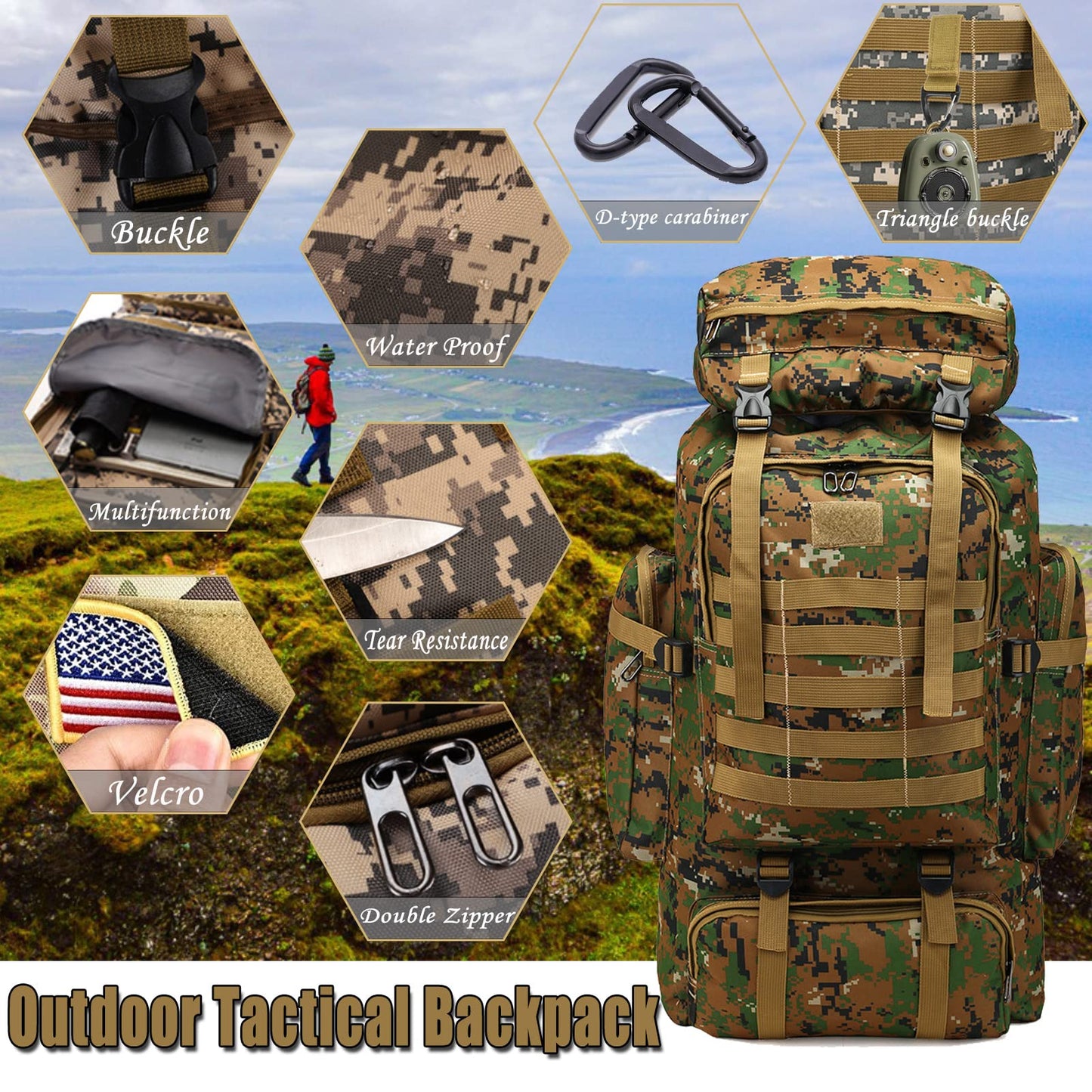 70L Hiking Backpack for Men, Waterproof Lightweight Camping Backpack, Military Rucksack with Molle, 3-Day Assault Pack for Travel, Climbing, Outdoor Sports (Green Camouflage)