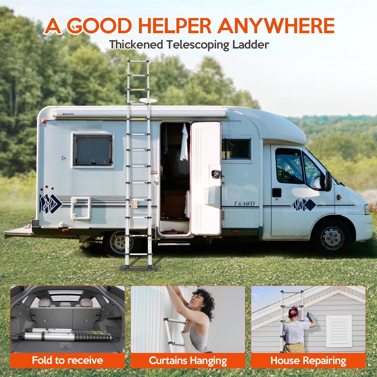 Telescoping Ladder,12.5 FT Extension Ladder, Heavy Duty 330lbs Max Capacity, Multi-Purpose Collapsible Ladder for RV or Outdoor Work