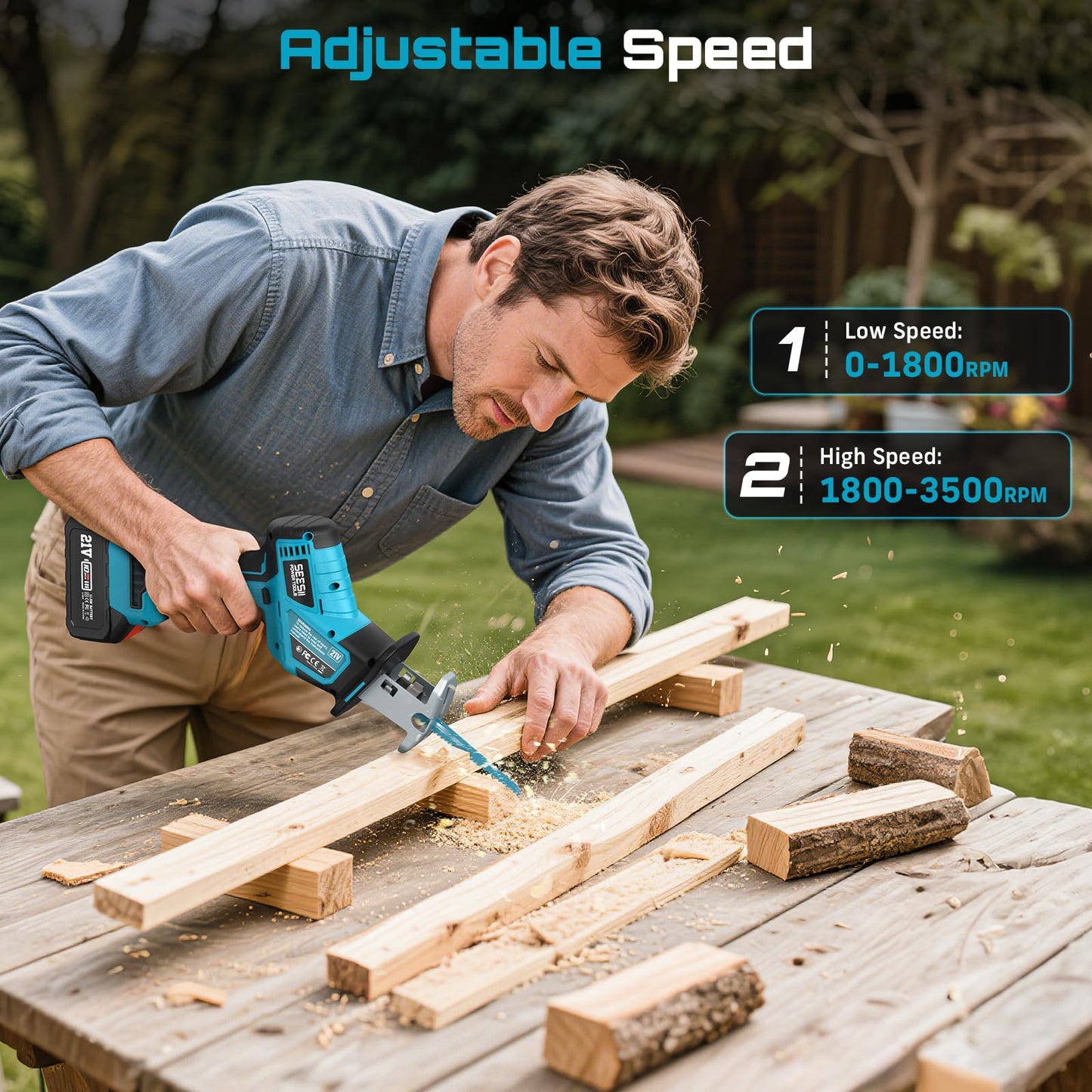 Seesii Reciprocating Saw Cordless, Variable Speed 3500 RPM Brushless Motor with 8 Saw Blades, 2 x 4.0Ah Batteries, LED Light, Tool‑Free Blade Change, Portable for Wood PVC Cutting