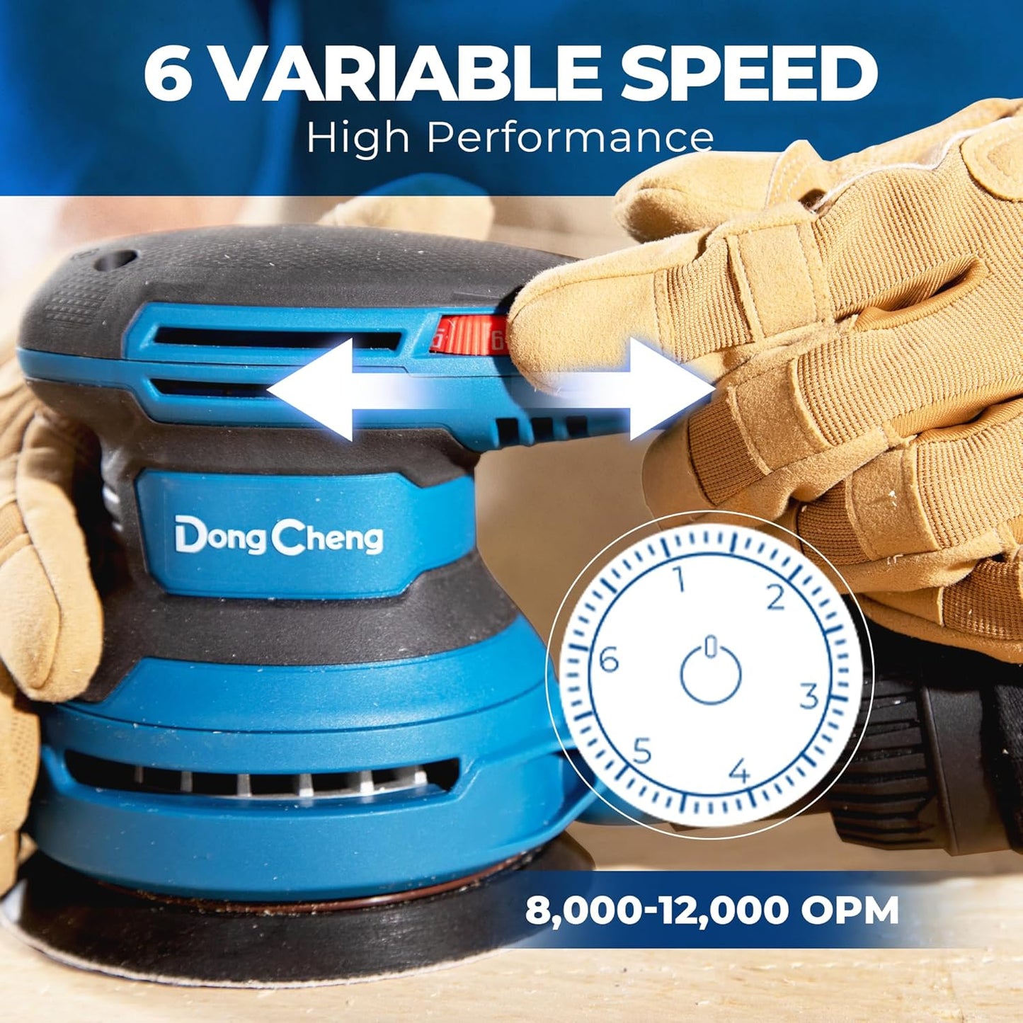 Dong Cheng 5-Inch Random Orbital Sander 3.2A 12800OPM Electric Palm Sander, 6 Variable Speeds, with 20pcs Sandpaper & Detachable Dust Bag, Power Sander for Woodworking, Sanding & Polishing