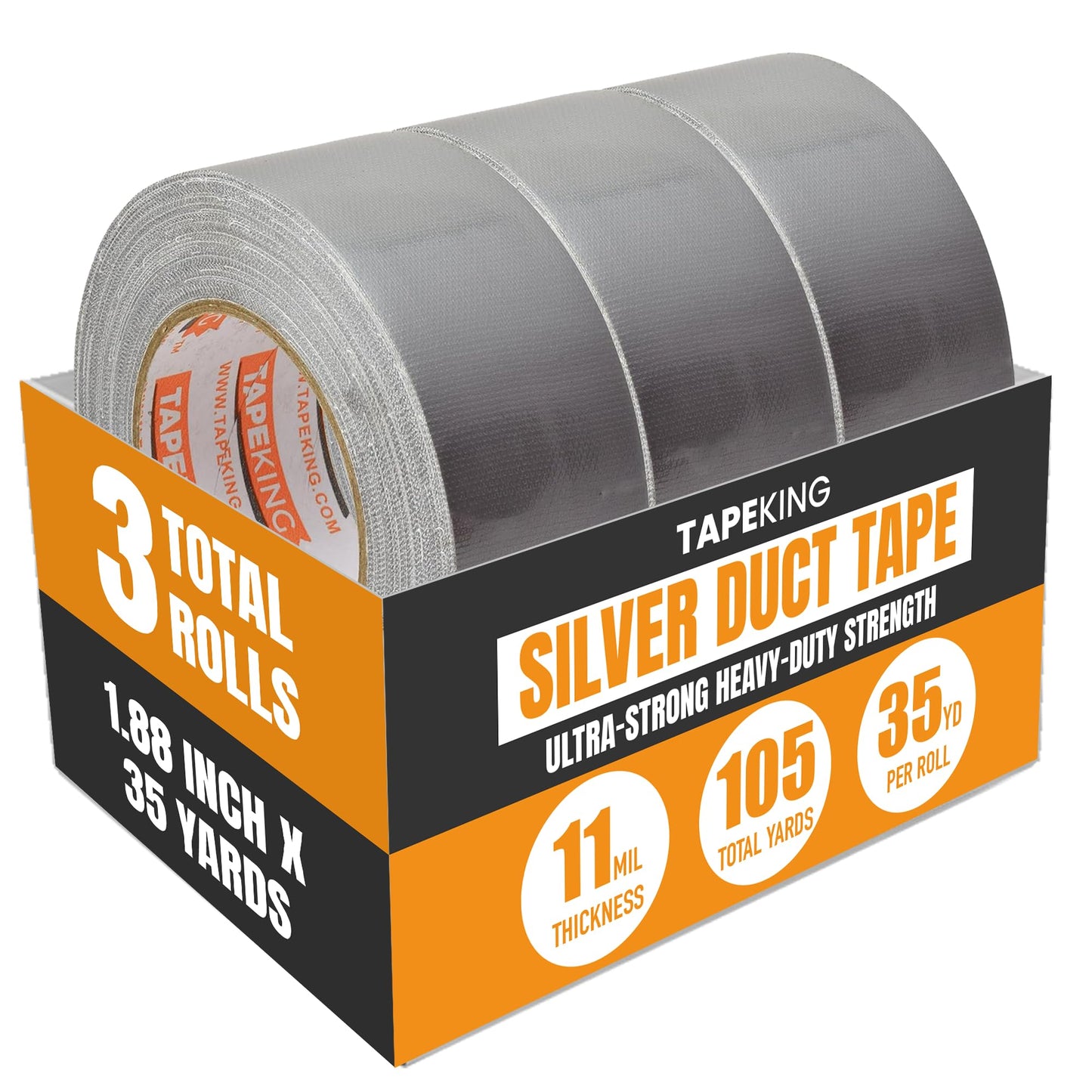 Tape King Silver Duct Tape Heavy Duty | Versatile Packing Tape 1.88 Inch x 35 Yards | Waterproof Tape Roll for Home Improvement, Office Use, Wrapping, Sealing, Crafting and General Repairs (3 Pack)