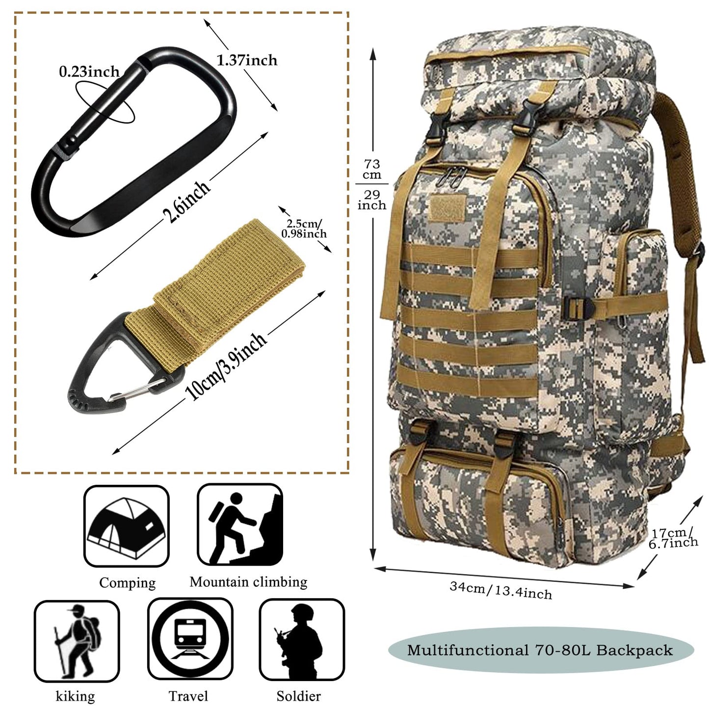 70L Hiking Backpack for Men, Waterproof Lightweight Camping Backpack, Military Rucksack with Molle, 3-Day Assault Pack for Travel, Climbing, Outdoor Sports (Green Camouflage)