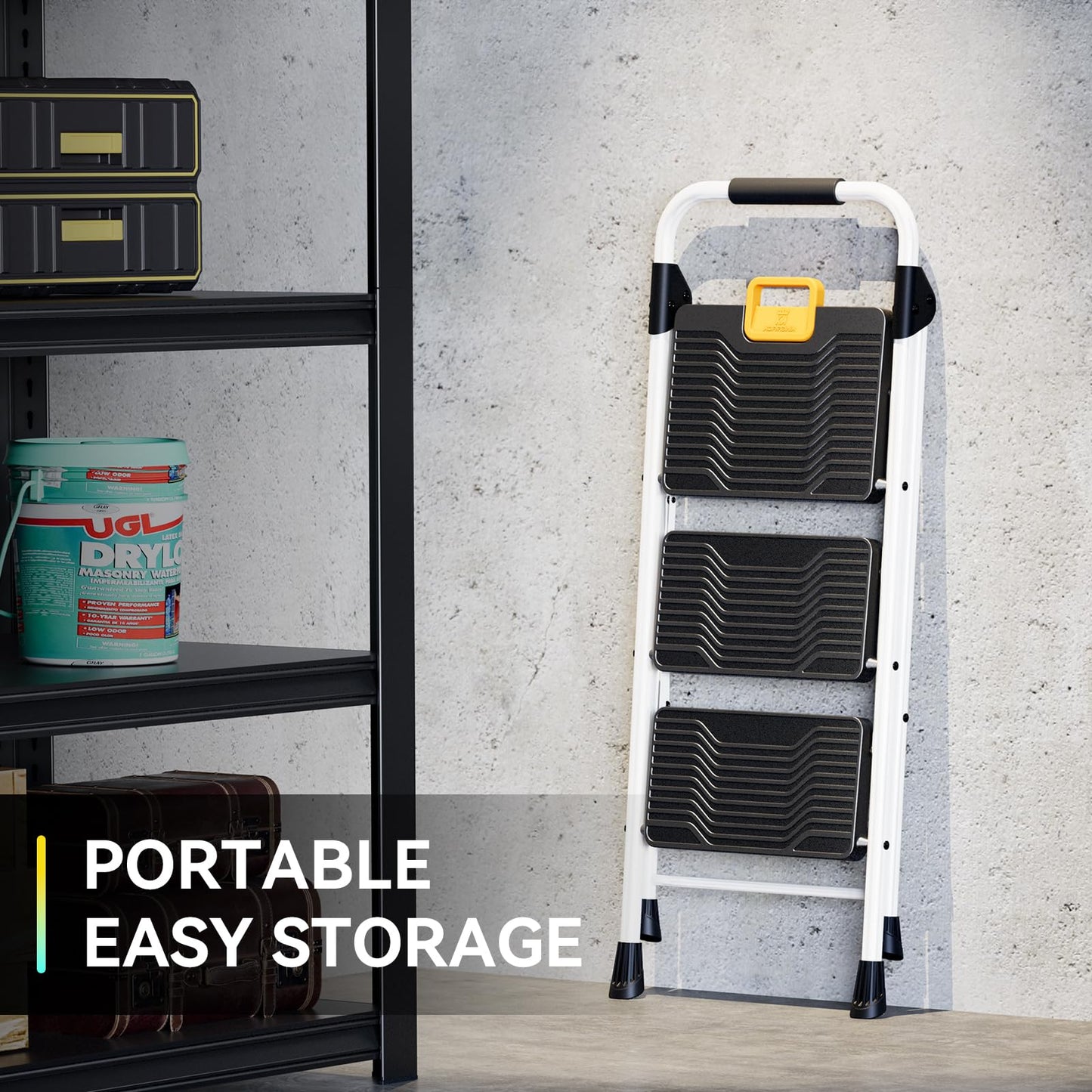 KINGRACK 4 Step Folding Ladder, 800lbs Capacity Step Stool with Safety Lock, Non-Skid Wide Pedals, and Handrail, Lightweight, Household Ladder for Home, Kitchen, Pantry, Closets, and Office Use, White