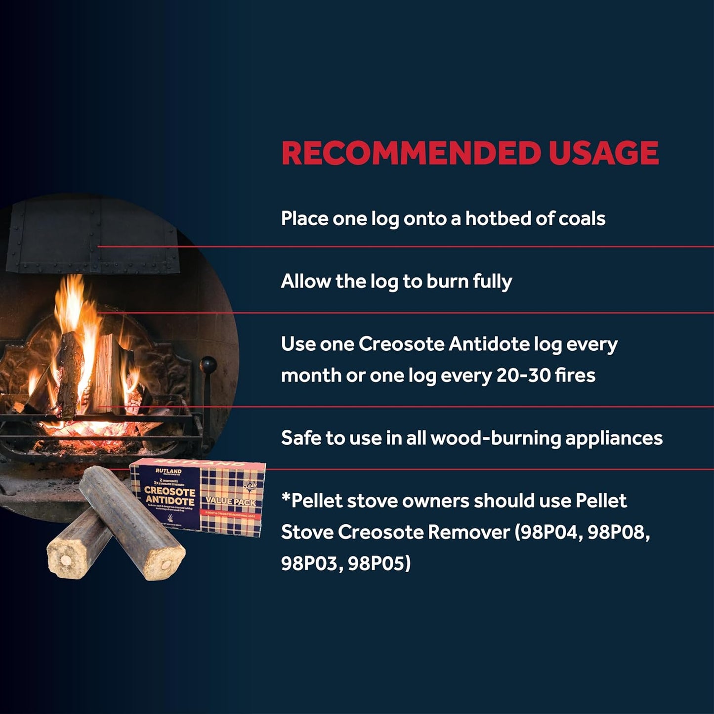 Rutland Creosote Antidote™, 3X Cleaning Power, Chimney Cleaning Fire Logs, 2-Pack Creosote Sweeping Firelogs, 2.45 lbs Each Treatment, Made in USA