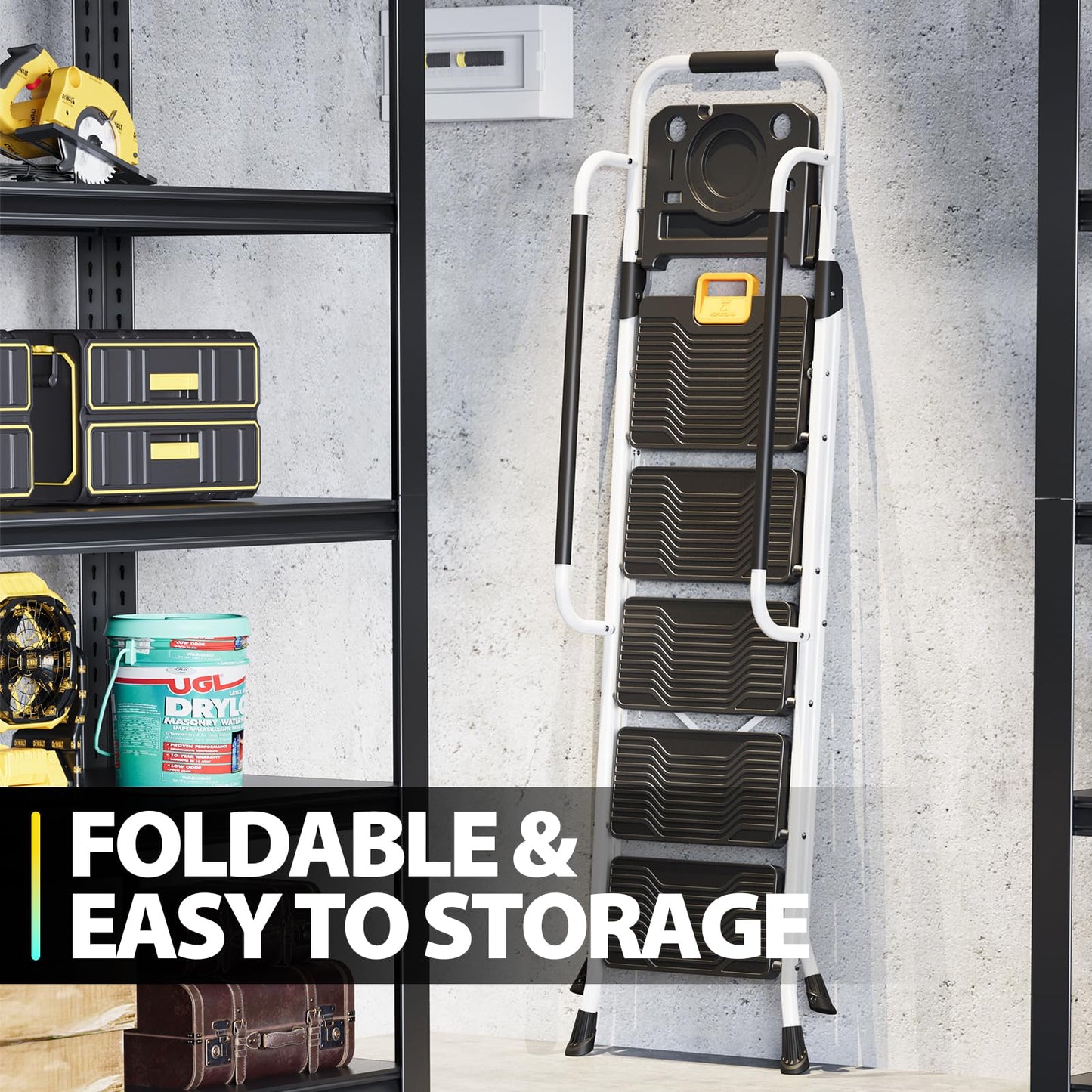 KINGRACK 4 Step Folding Ladder, 800lbs Capacity Step Stool with Safety Lock, Non-Skid Wide Pedals, and Handrail, Lightweight, Household Ladder for Home, Kitchen, Pantry, Closets, and Office Use, White