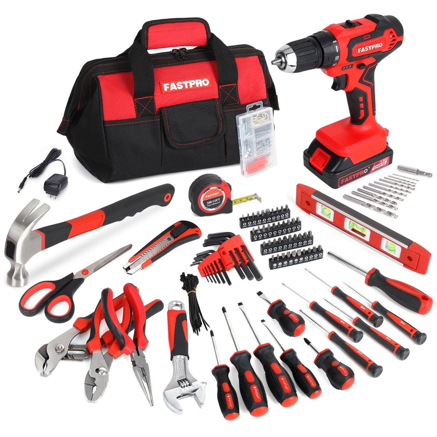 FASTPRO 232-Piece 20V Cordless Lithium-Ion Drill Driver & Home Tool Set, Household Repairing Tool Kit with Drill, 12-Inch Wide Mouth Storage Tool Bag, Green