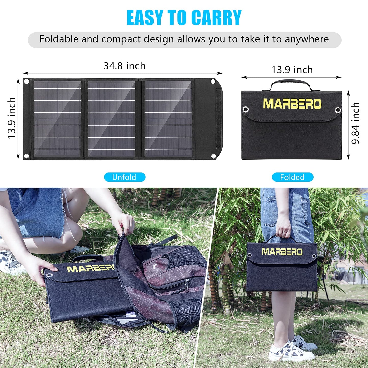 MARBERO 60W Portable Solar Panel 60 Watt Foldable Solar Panel for Solar Generators IP65 Waterproof 23% High Efficiency USB Port & DC Output(10 Changeable Adapters) for Outdoor Camping Travel Cloudy