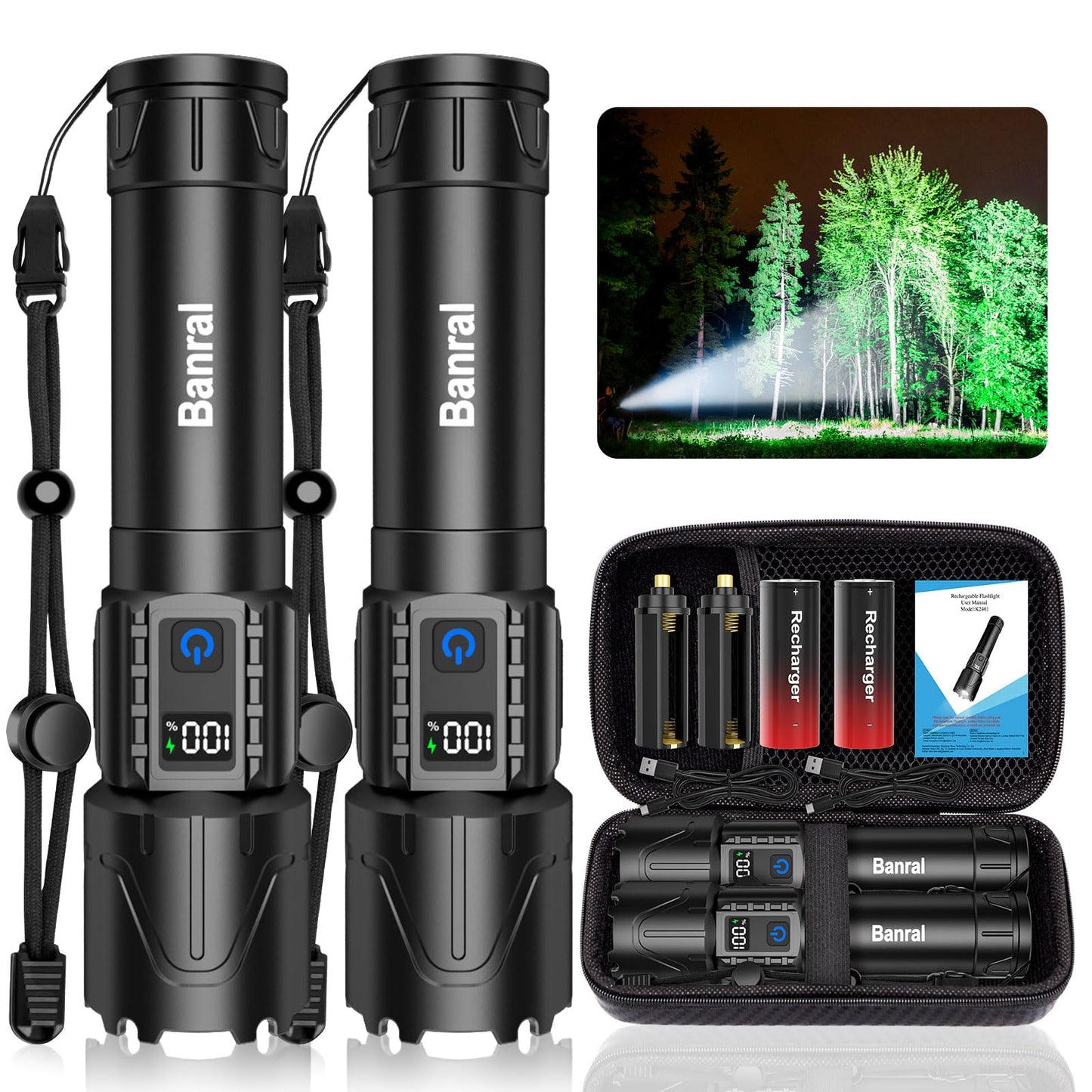 Rechargeable Flashlights High Lumens - Super Bright LED Tactical Flash Light, Powerful Waterproof Handheld USB C Flashlight for Camping,Emergencies,Home,5 Modes,Zoomable (2, Black)