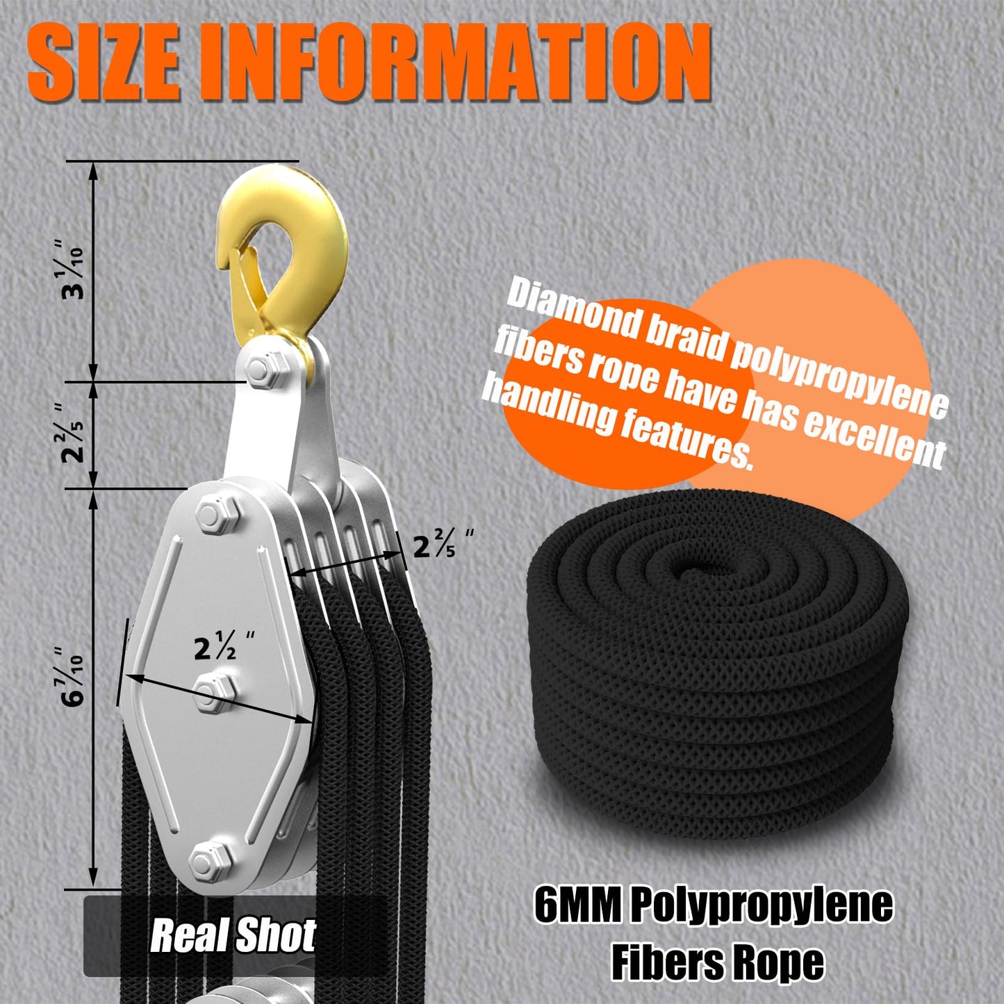 Rope Hoist Pulley System, 4400LB Pulley Block and Tackle, 8:1 Ratio Lifting Power 65ft, Heavy Duty Pulley Block for Lifting Pulling (with 2PCs Straps)