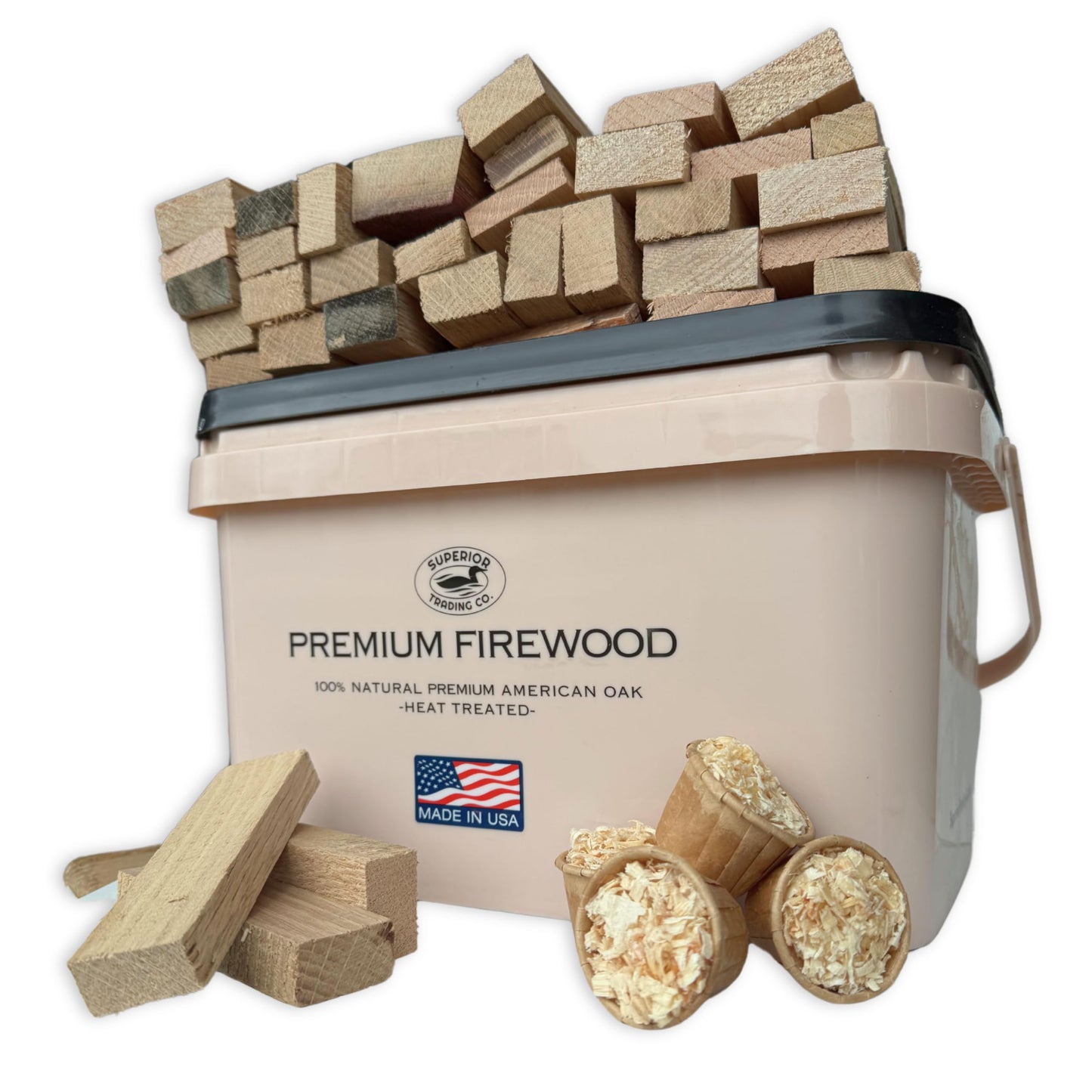 Superior Trading Oak Mini Fire Wood w/Fire Starter Pods, Winter Fireplace Starter, Wood Stove, USDA Cert 4-5” Kiln Dried Firewood, USA Made, 10-11 lbs in Plastic Storage Box