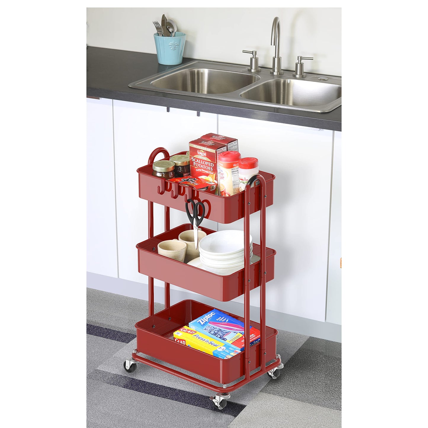 Simple Houseware 3-Tier Heavy Duty Metal Utility Rolling Cart, White