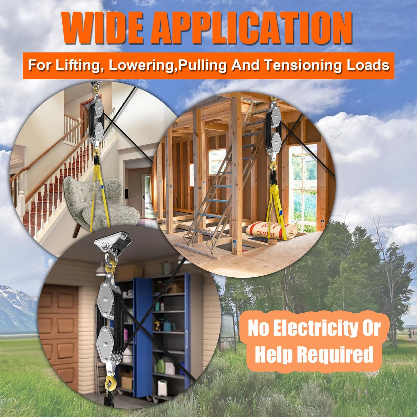 Rope Hoist Pulley System, 4400LB Pulley Block and Tackle, 8:1 Ratio Lifting Power 65ft, Heavy Duty Pulley Block for Lifting Pulling (with 2PCs Straps)