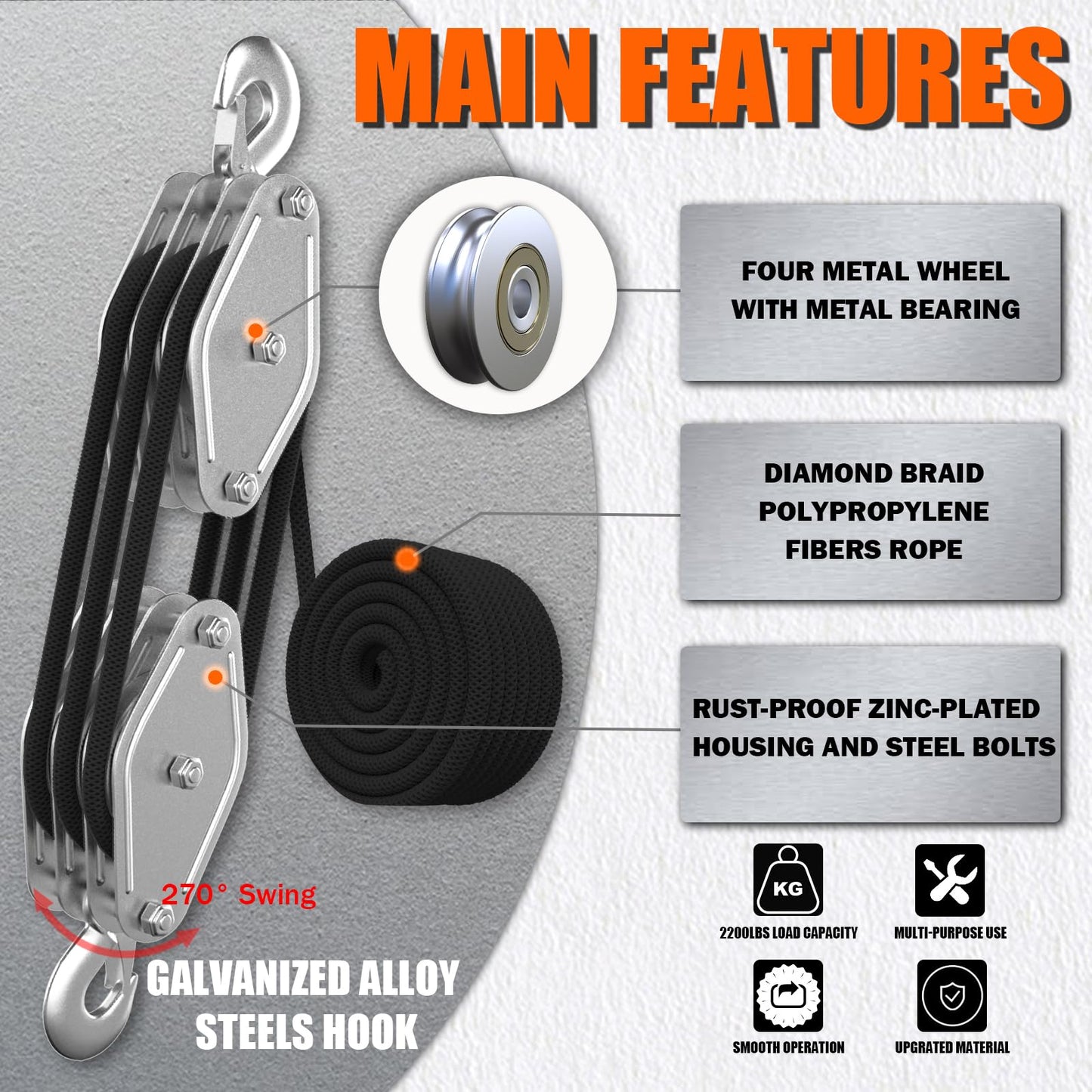 Rope Hoist Pulley System, 4400LB Pulley Block and Tackle, 8:1 Ratio Lifting Power 65ft, Heavy Duty Pulley Block for Lifting Pulling (with 2PCs Straps)