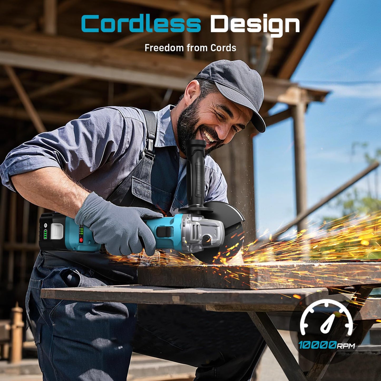 SEESII Cordless Angle Grinder 4-1/2 Inch, 21V Brushless Battery Grinder Tool with 2X 4.0Ah Batteries, 10000RPM for Metal Cutting, Grinding, Polishing, Rust Removal (Blue)