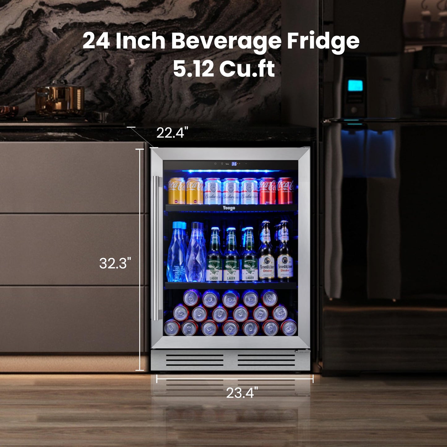 Yeego Beverage-Refrigerator, 24 Inch Beer Cooler Built-in or Freestanding,180 Cans Beverage Cooler with Glass Door,Mini-Fridge for Bottles and Cans Beer/Soda/Water/Wine