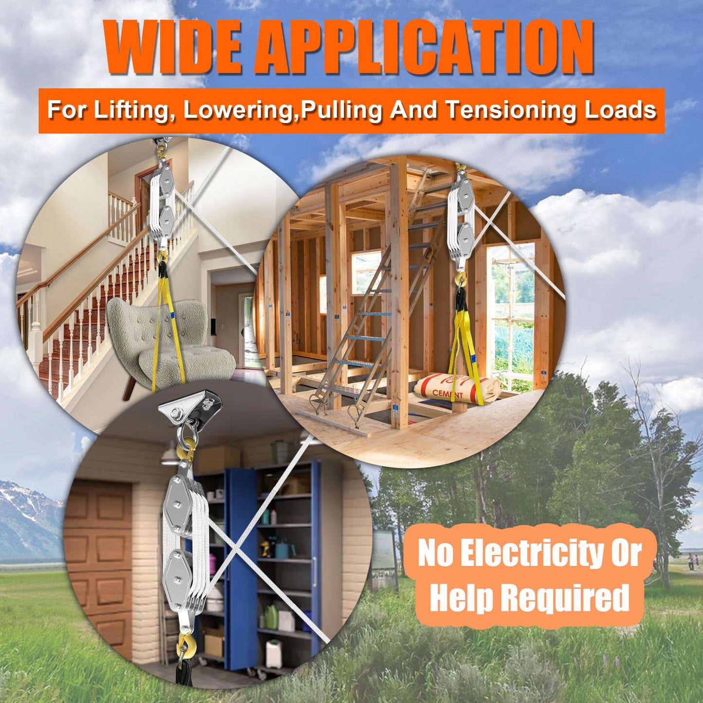 Rope Hoist Pulley System, 4400LB Pulley Block and Tackle, 8:1 Ratio Lifting Power 65ft, Heavy Duty Pulley Block for Lifting Pulling (with 2PCs Straps)