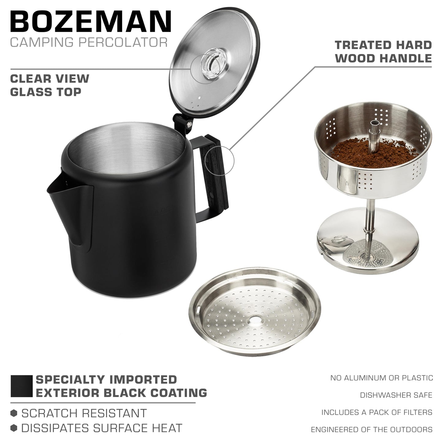 COLETTI Black Bozeman Percolator Coffee Pot — Camping Coffee Pot, Coffee Percolator Stovetop – America’s Sleekest Percolator – Pure Stainless Steel, NO Aluminum or Plastic (9 Cup)