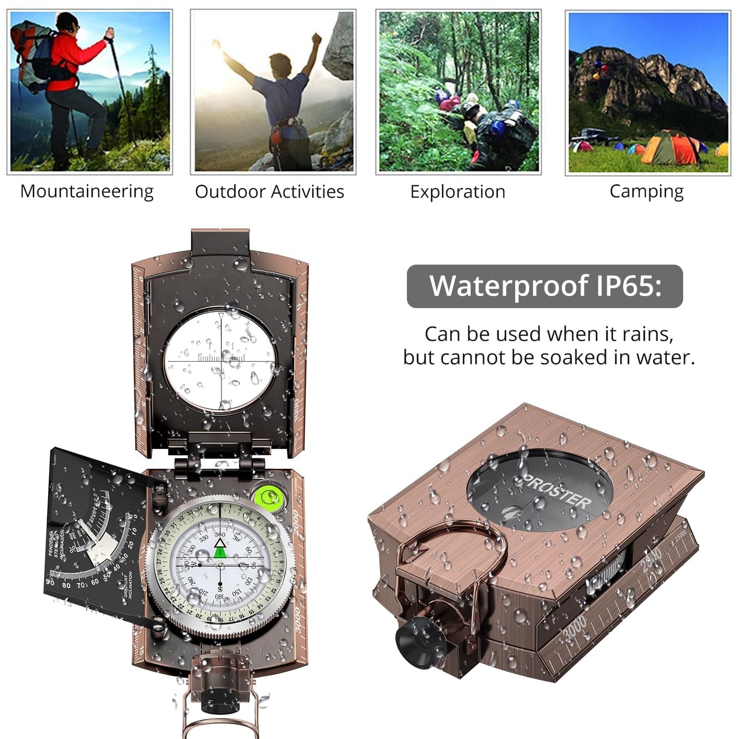 Proster IP65 Compass Hiking Survival - Lensatic Sighting Compass for Camping Navigation, Compass with Clinometer & Carry Bag for Camping Hunting Hiking Geology Activities