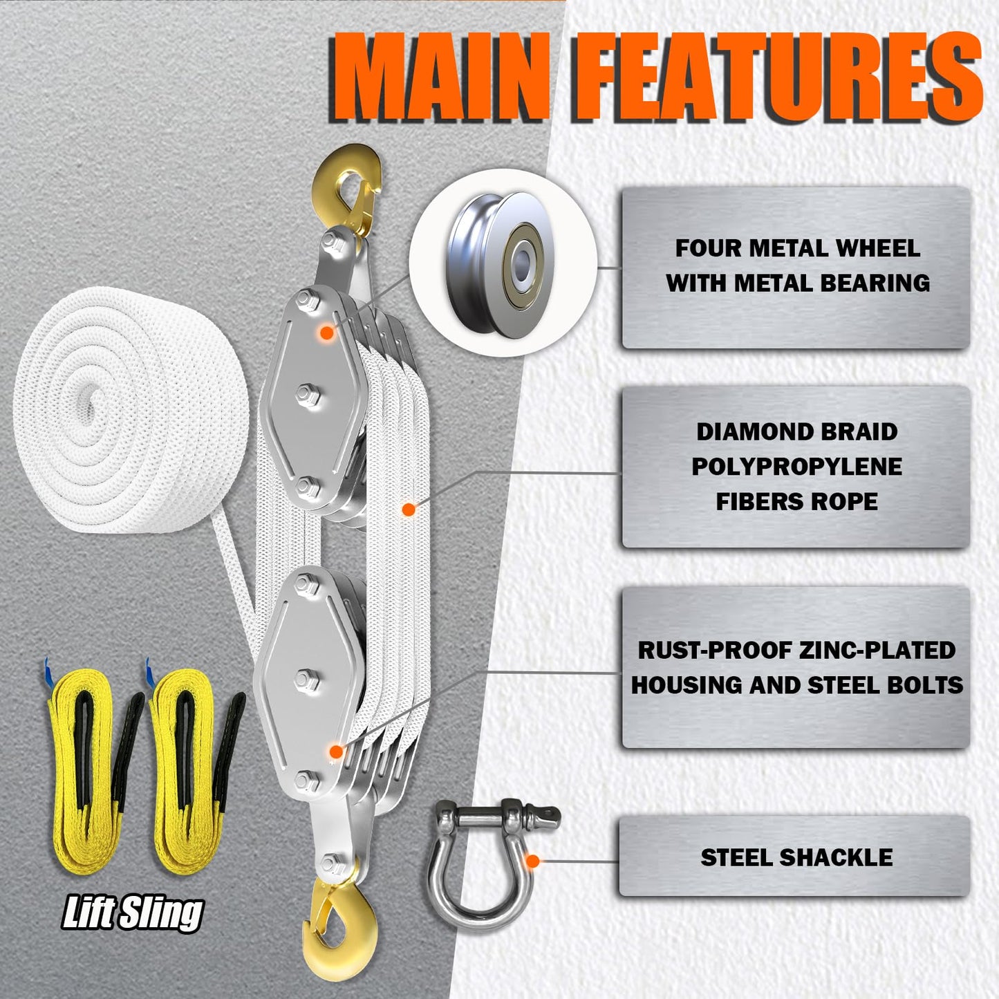 Rope Hoist Pulley System, 4400LB Pulley Block and Tackle, 8:1 Ratio Lifting Power 65ft, Heavy Duty Pulley Block for Lifting Pulling (with 2PCs Straps)