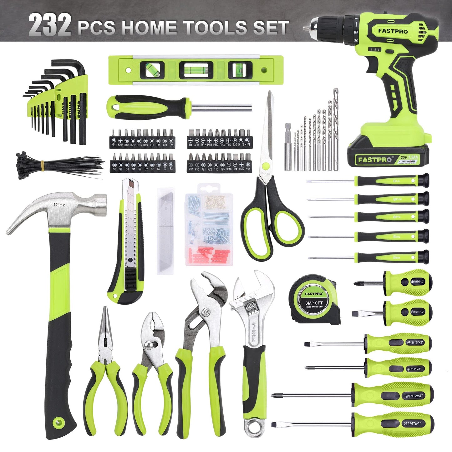 FASTPRO 232-Piece 20V Cordless Lithium-Ion Drill Driver & Home Tool Set, Household Repairing Tool Kit with Drill, 12-Inch Wide Mouth Storage Tool Bag, Green