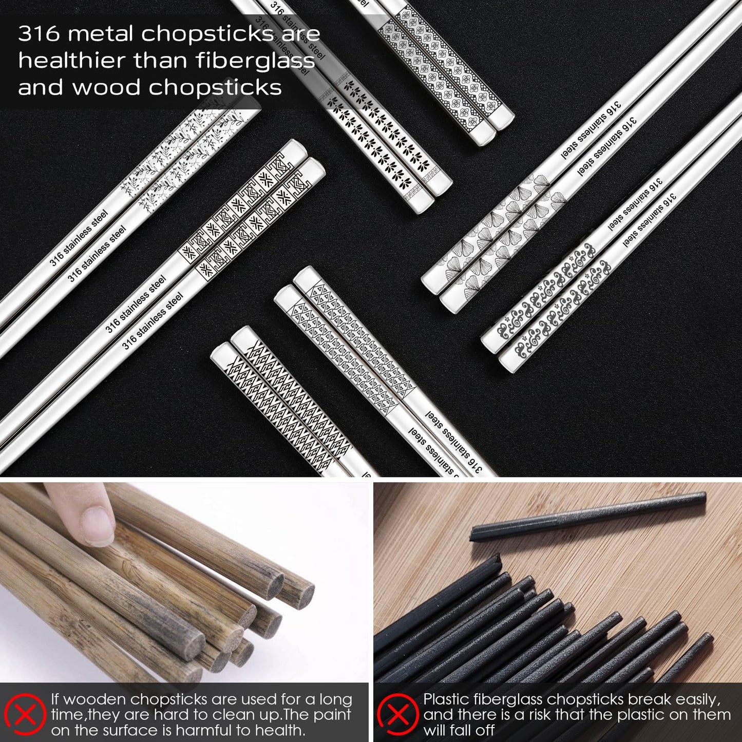 8 Pairs Metal Chopsticks Reusable Black Stainless Steel Chopsticks Set Laser Engraved Non-slip Japanese Korean Chinese Chopstick for Cooking Eating Dishwasher Safe 9.25" Chop Sticks Gift Set