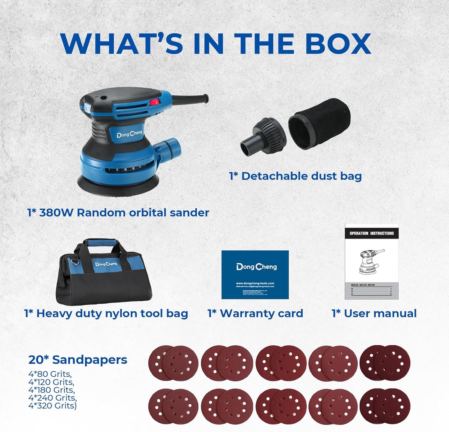 Dong Cheng 5-Inch Random Orbital Sander 3.2A 12800OPM Electric Palm Sander, 6 Variable Speeds, with 20pcs Sandpaper & Detachable Dust Bag, Power Sander for Woodworking, Sanding & Polishing