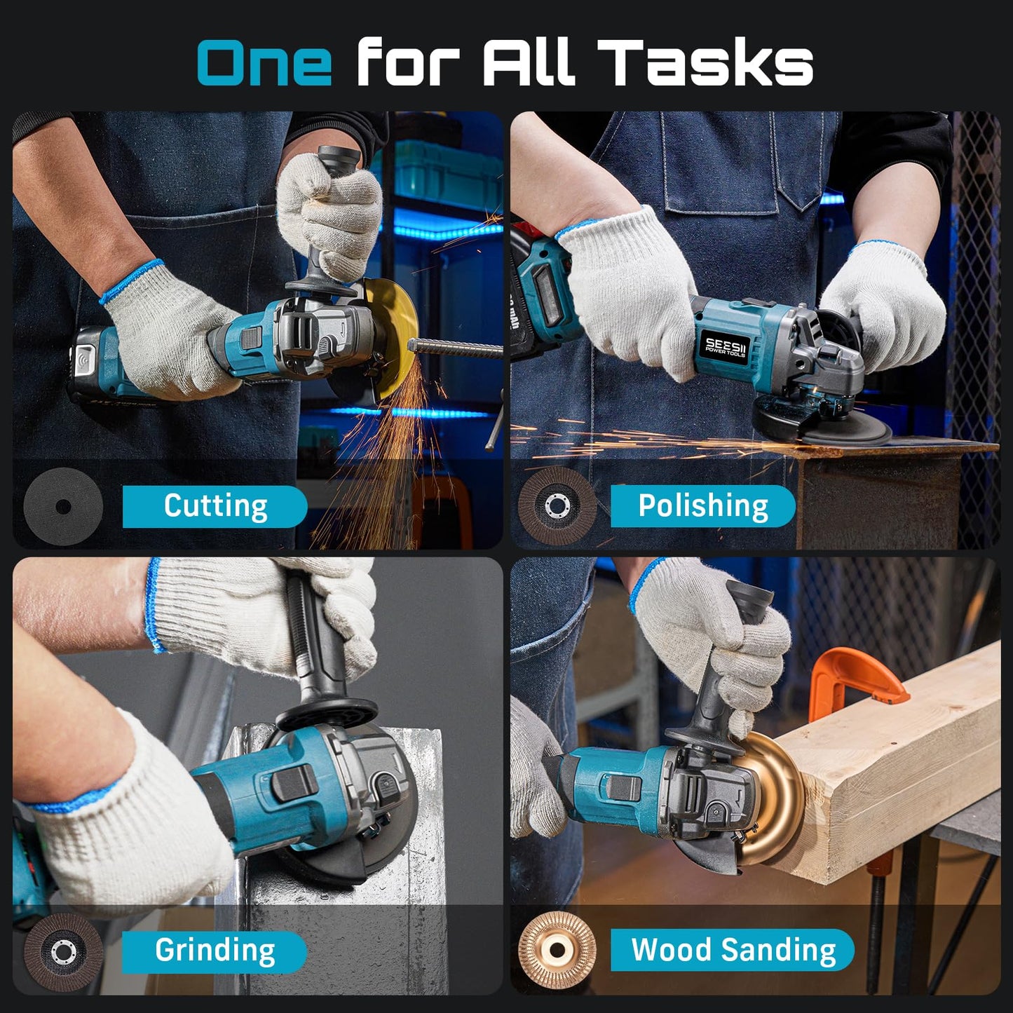 SEESII Cordless Angle Grinder 4-1/2 Inch, 21V Brushless Battery Grinder Tool with 2X 4.0Ah Batteries, 10000RPM for Metal Cutting, Grinding, Polishing, Rust Removal (Blue)