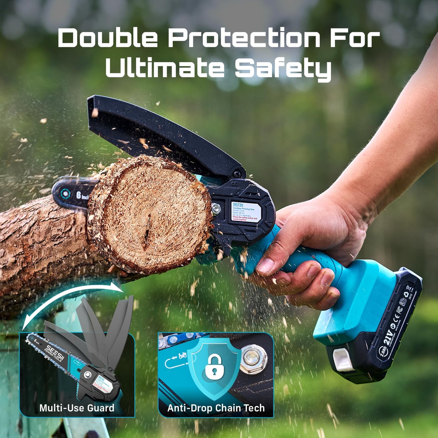 Seesii Mini Chainsaw, 6-inch Mini Chainsaw Cordless, Handheld Electric Power Chain Saw with 2 Batteries, for Tree Trimming Wood Cutting, Best Gifts for Father, Dad, Husband, Men