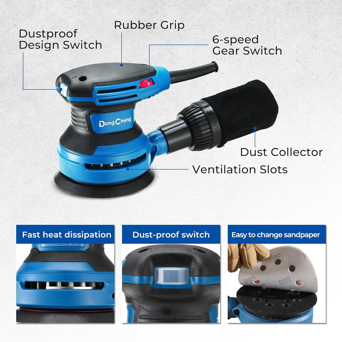 Dong Cheng 5-Inch Random Orbital Sander 3.2A 12800OPM Electric Palm Sander, 6 Variable Speeds, with 20pcs Sandpaper & Detachable Dust Bag, Power Sander for Woodworking, Sanding & Polishing